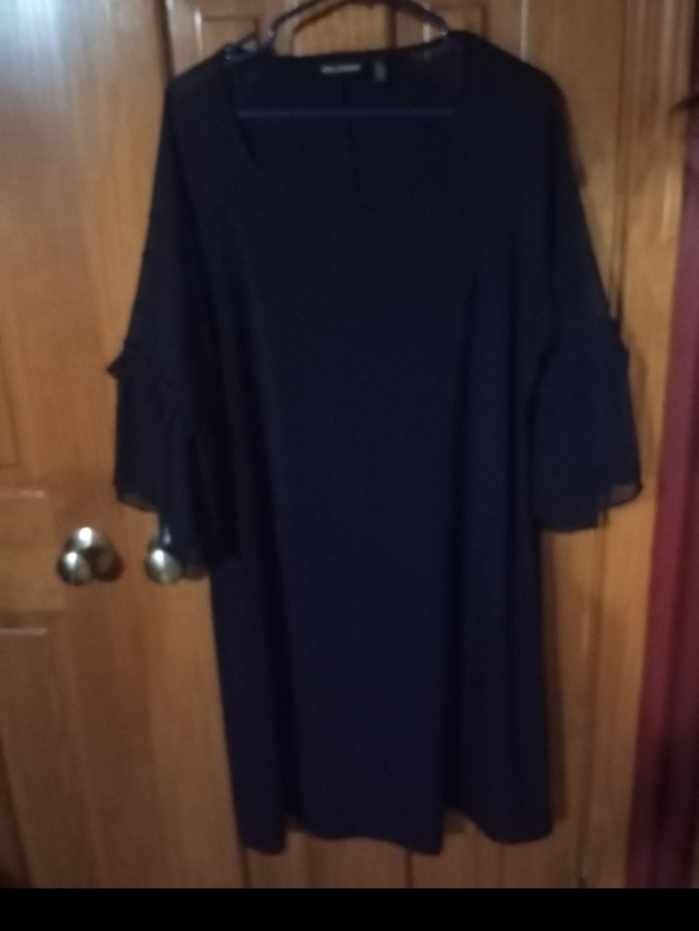 Nina Leonard Navy Midi Dress with Ruffle Sleeves